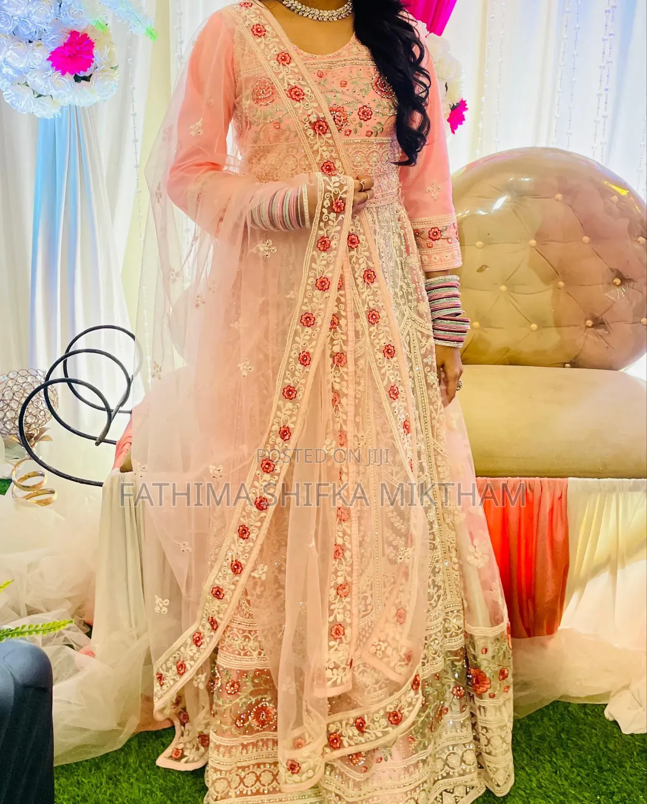 Elegant Blush Peach Embroidered Outfit, Soft Net, Perfect for Events