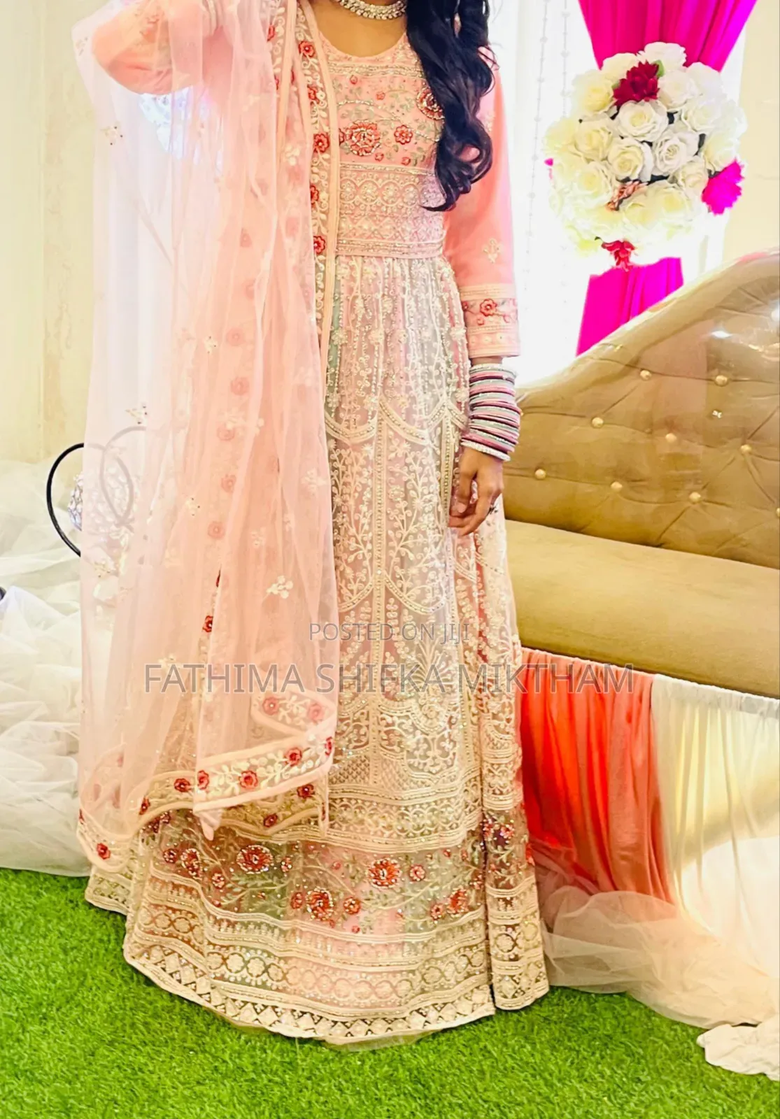 Elegant Blush Peach Embroidered Outfit, Soft Net, Perfect for Events