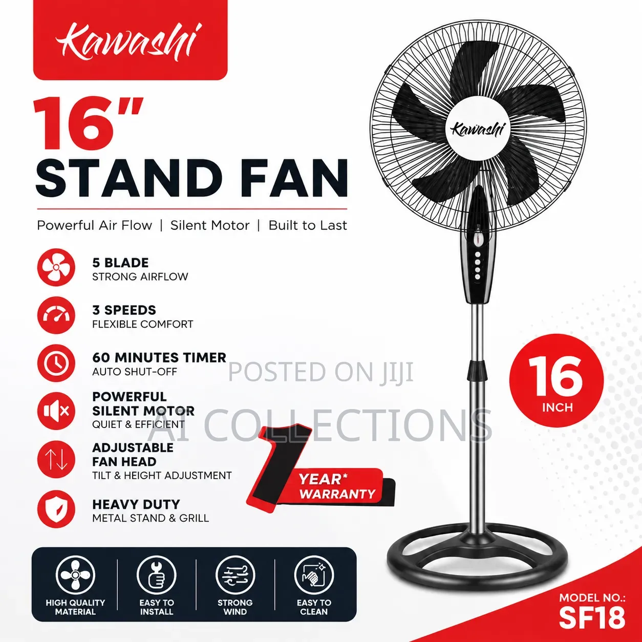 Kawashi 16” Stand Fan Sf18 Powerful Adjustable Standing Fan With Timer