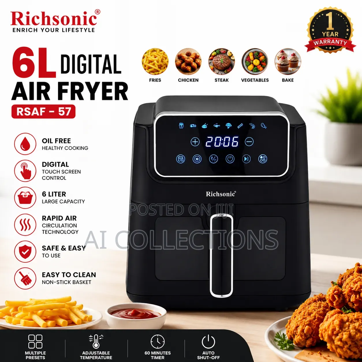 Richsonic 6l Digital Air Fryer Rsaf-57 Oil Free With Touch Screen