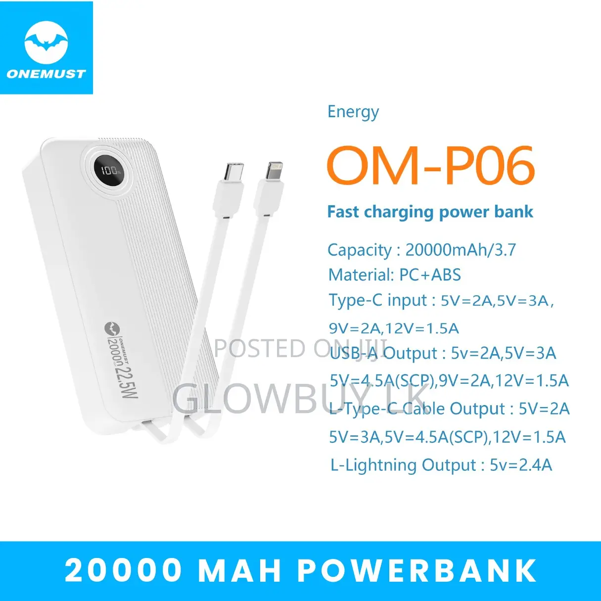 Onemust 20000mah Powerbank | Built in Type-C and Lightning Cable