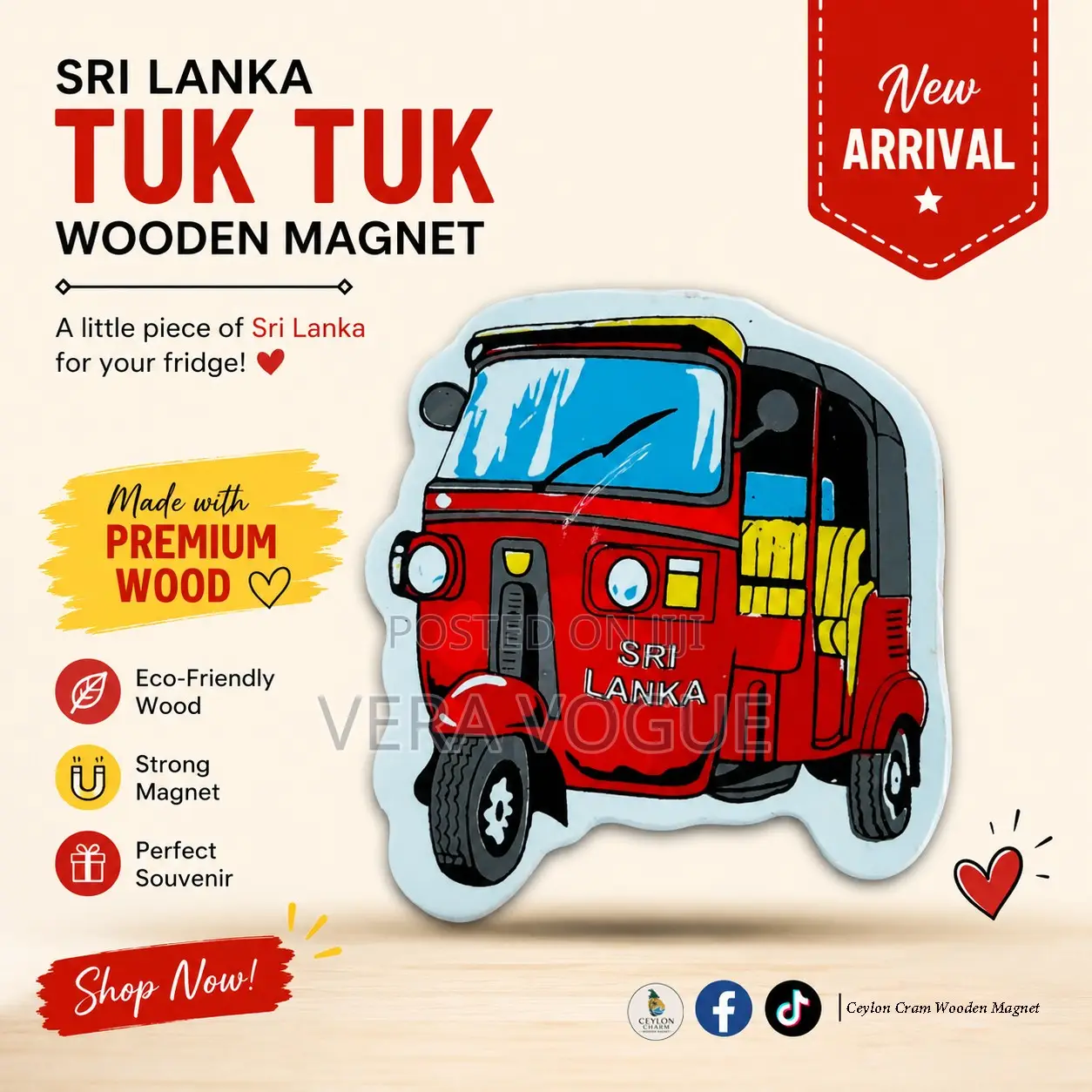 ශ්‍රී ලාංකීය ටුක් ටුක් Wooden Magnet – ලස්සන Souvenir එකක්