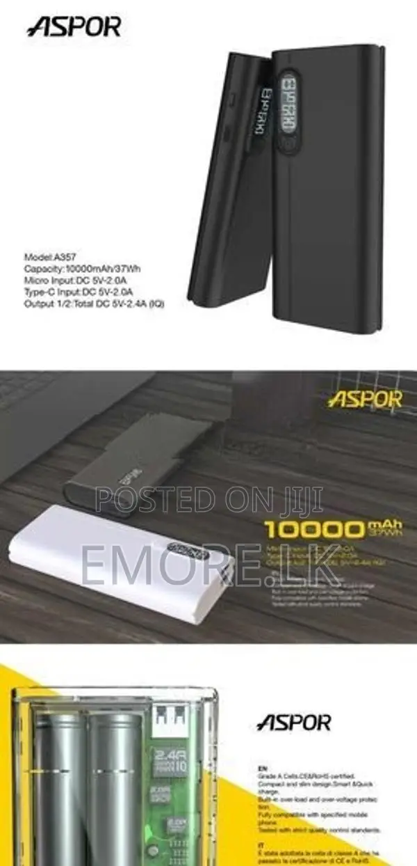 Aspor 10000 Power Bank with Type C Input Dual Outputs