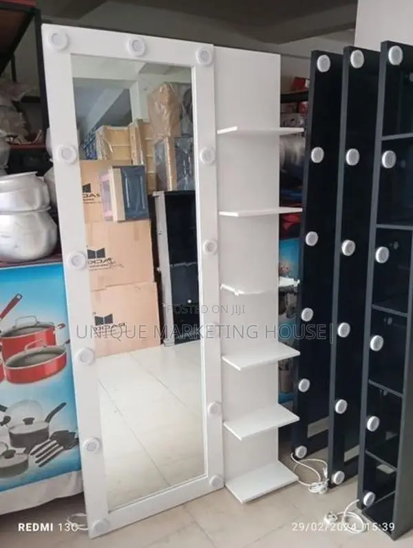 Modern Wall Full Mirror with Racks & Lights