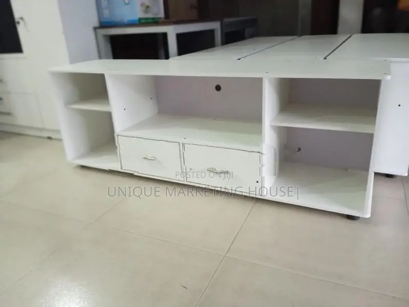 Modern White 65” melamine Mid-Drawer TV Stand