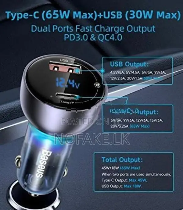 Baseus 65W USB C Car Charger With Type-C Cable iPhones Laptop Macbook