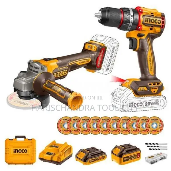 INGCO Cordless Brushless 2pcs combo kit - Drill 13mm and Grinder 100mm