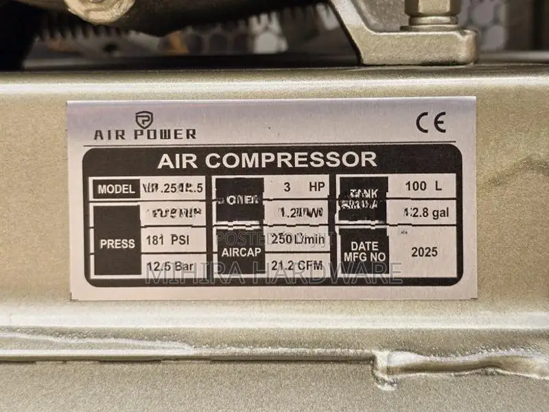 Air-power 100L 3Hp 12.5 bar Copper motor Double piston air compressor