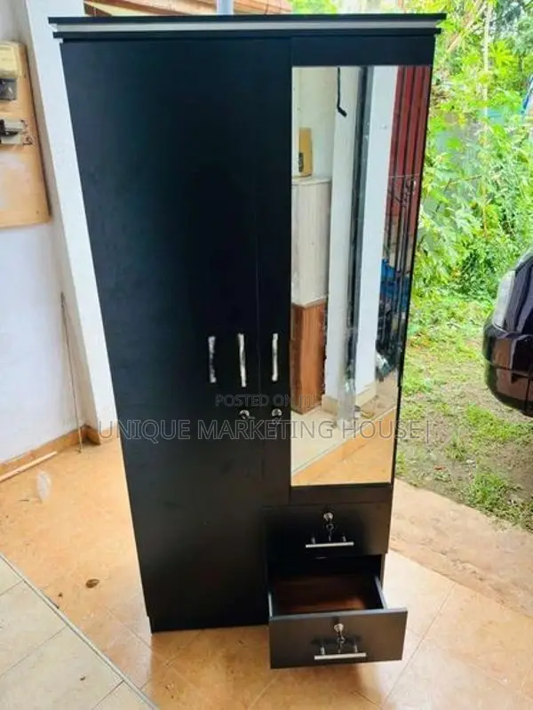 Modern Melamine 2 D Blk Wardrobe with Mirror