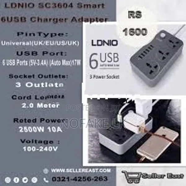 LDNIO 2500W 3 Ways Power Socket and 6 USB Ports UK Pin