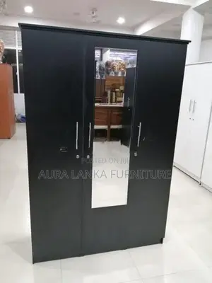 Melamine Black 3door Cupboard with Mirror 003