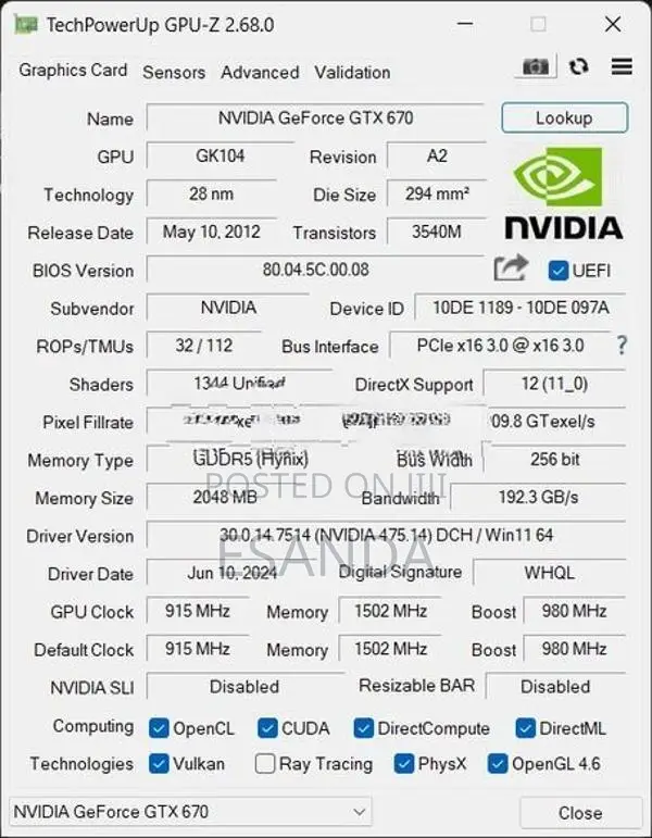 Nvidia GTX 670 2GB GDDR5 Graphics Card ( GTX670 Founders Edition )