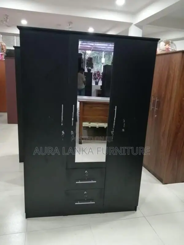 Melamine Black 3door Cupboard with Mirror