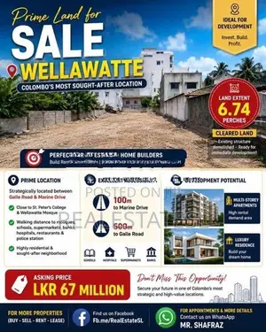 Prime 6.74 Perch Land for sale at wellawatte closer to Bambalapitiya
