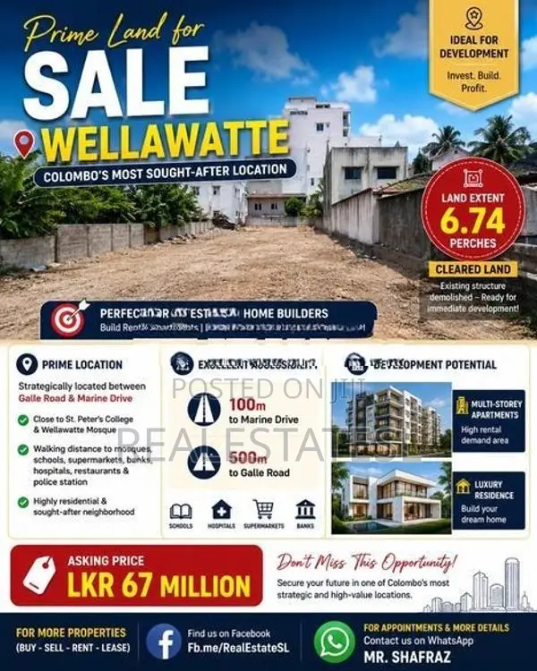 Prime 6.74 Perch Land for sale at wellawatte closer to Bambalapitiya