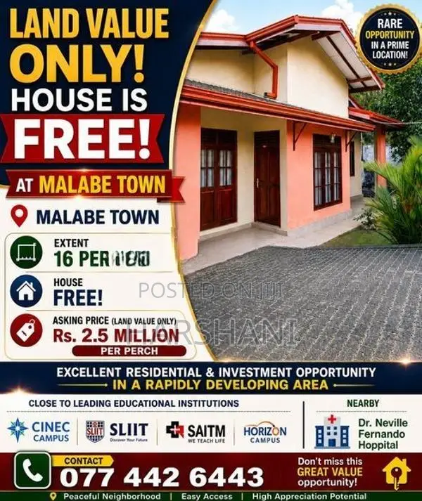 Beautiful House at Land Value Walking Distance to Malabe Town
