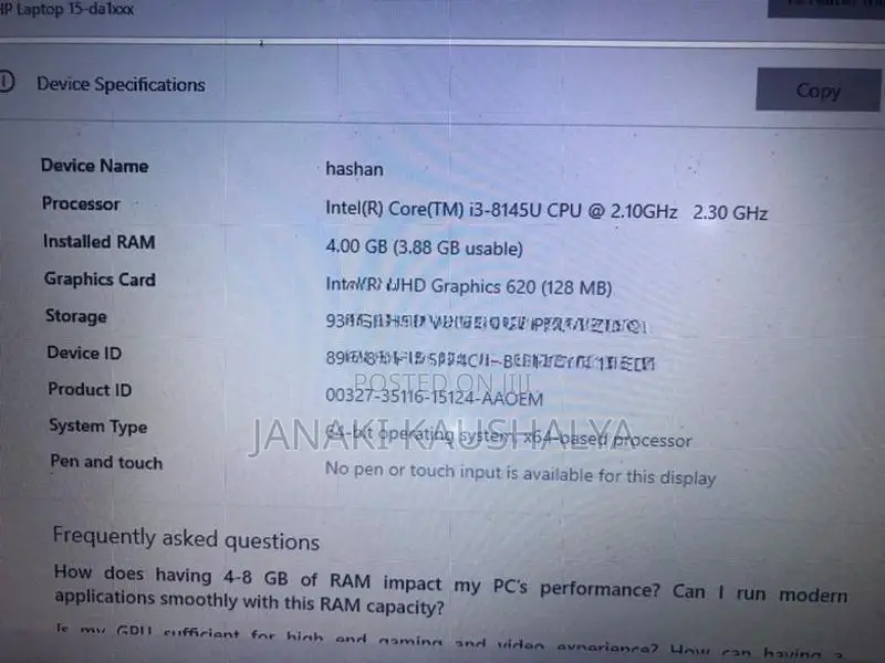 HP i3 8th Gen 4GB Laptop