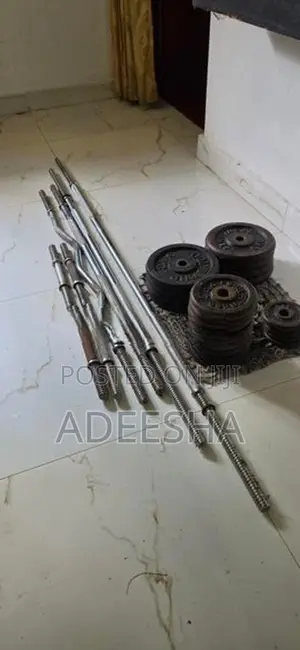 Bars, Dumbell, Plates and Bench