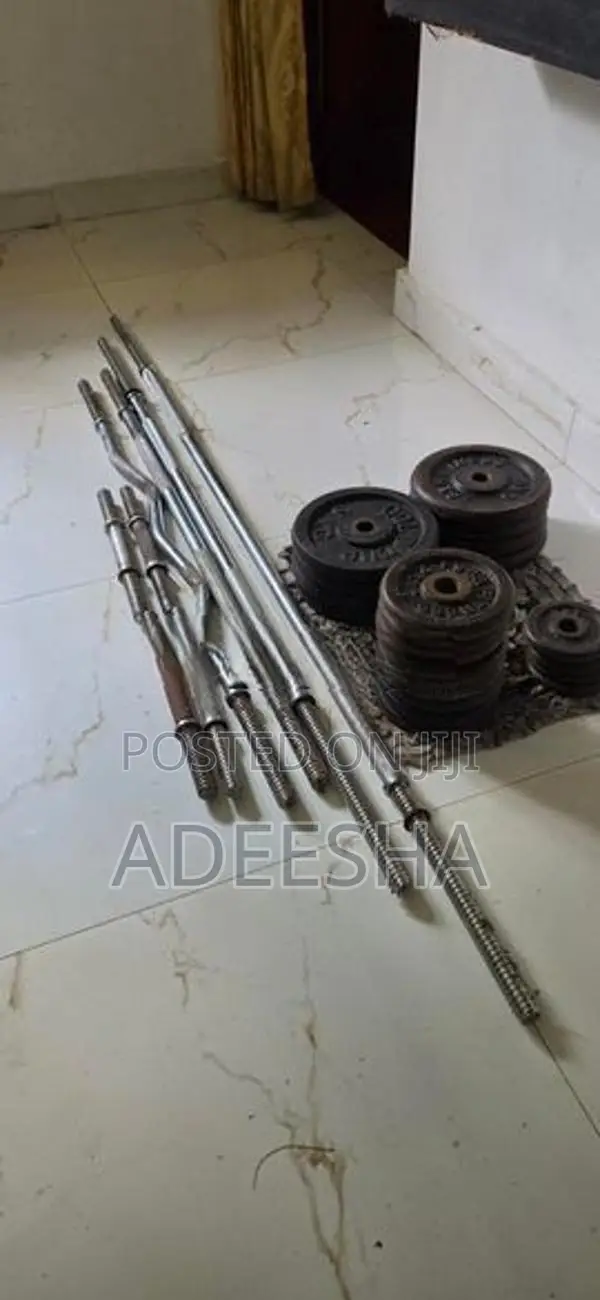 Bars, Dumbell, Plates and Bench