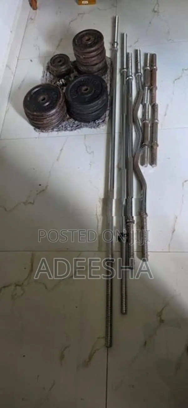 Bars, Dumbell, Plates and Bench