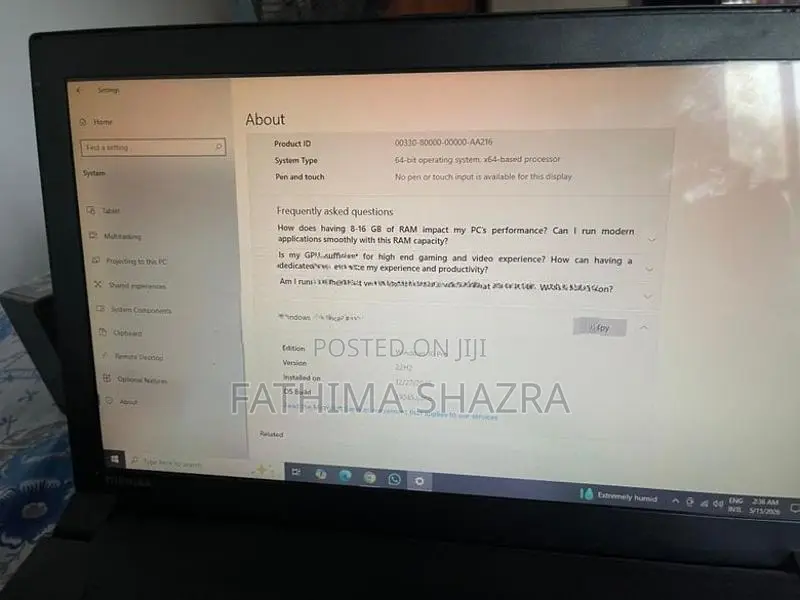 Toshiba Laptop Intel Core i5 5th Gen 8th RAM