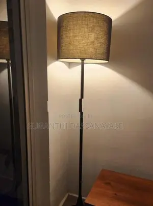 Modern Black Floor Lamp with Textured Fabric Drum Shade