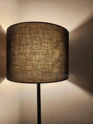 Modern Black Floor Lamp with Textured Fabric Drum Shade