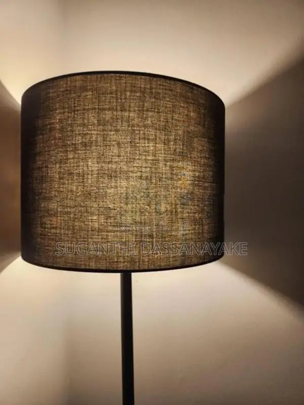 Modern Black Floor Lamp with Textured Fabric Drum Shade