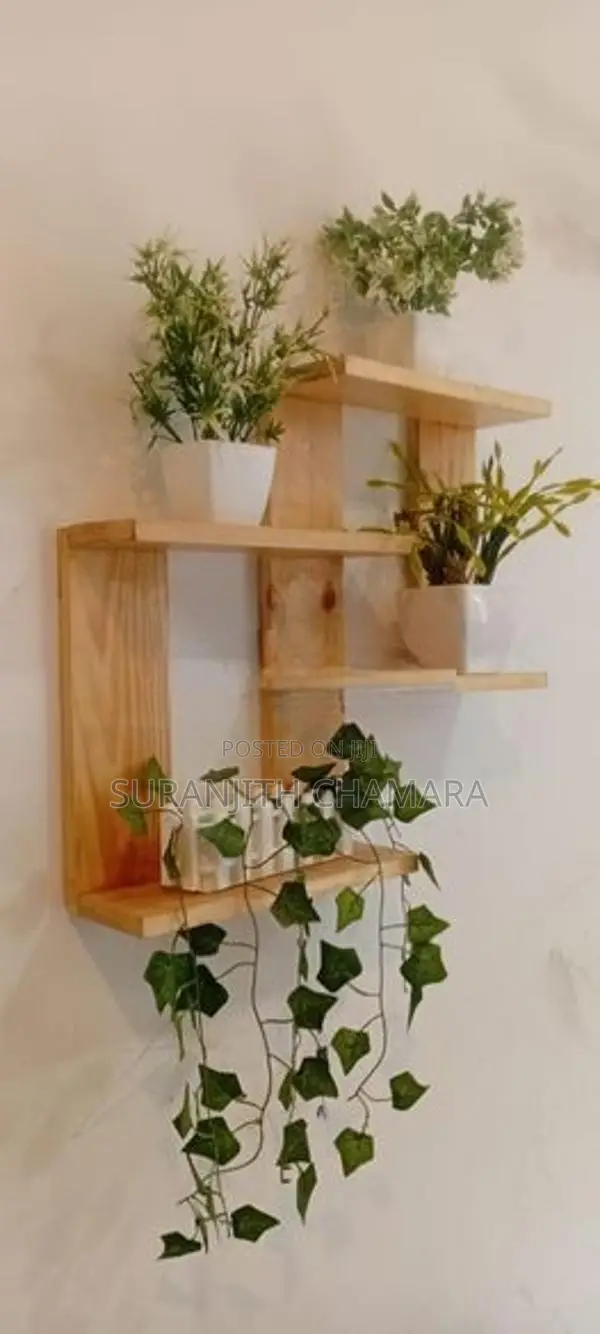 Wooden Floating Shelf with Flower Pots