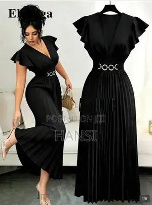 New V-Neck Ruffle Sleeve Woven Black Dress