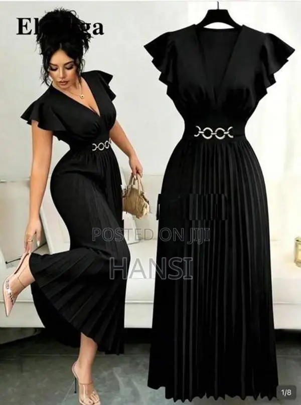 New V-Neck Ruffle Sleeve Woven Black Dress