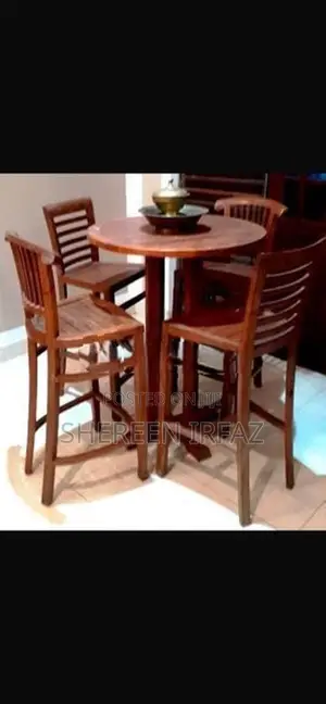 TEAK BAR TABLE with 4 STOOL CHAIRS
