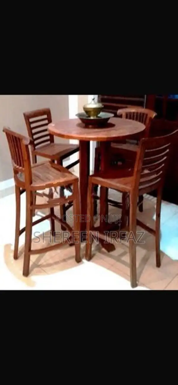 TEAK BAR TABLE with 4 STOOL CHAIRS