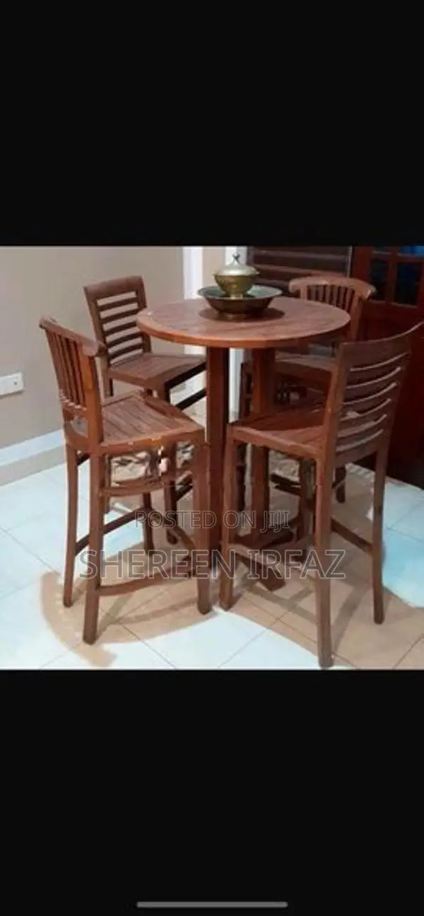 TEAK BAR TABLE with 4 STOOL CHAIRS