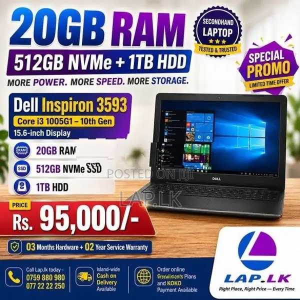 20GB RAM + 512GB SSD 1TB HDD Dell Core i3 1005G1 10th GEN Laptop 15.6"