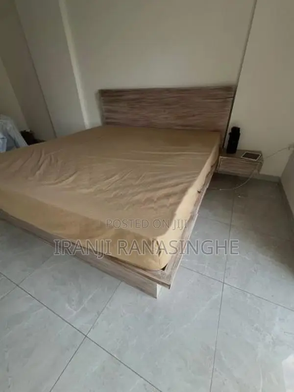 Modern White Wash Teak Wood Bed with Side Tables