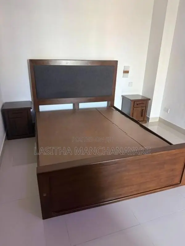 Teak Queen Size Bed with Two Bedside Cupboards