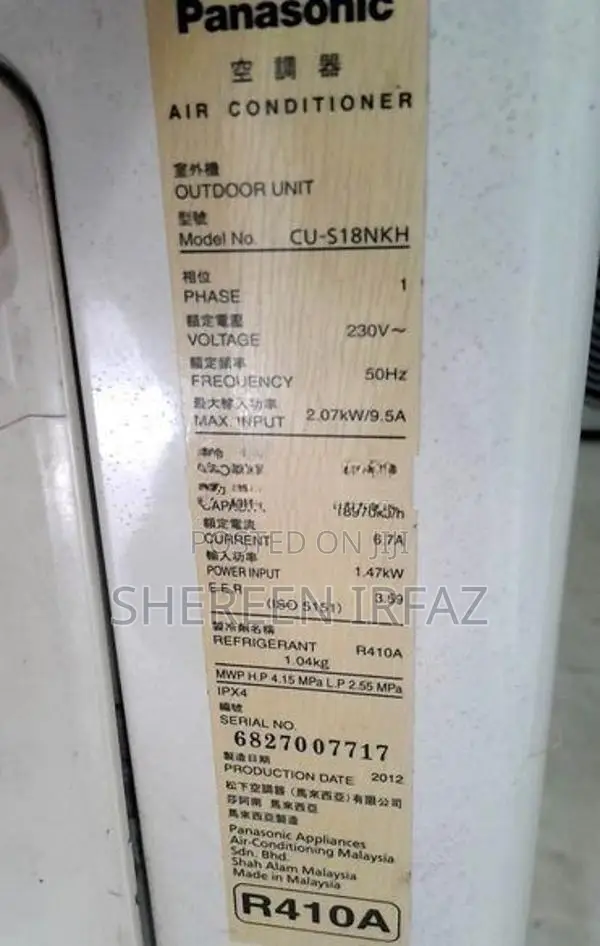 PANASONIC AIRCONDITIONER MODEL NUMBER R410A