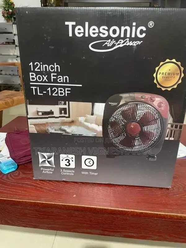 Telesonic Air-Power 12" Box Fan (TL-12BF) – 3 Speed Settings with Time
