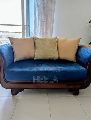 Navy Blue Velvet Wooden Sofa with Matching Chair