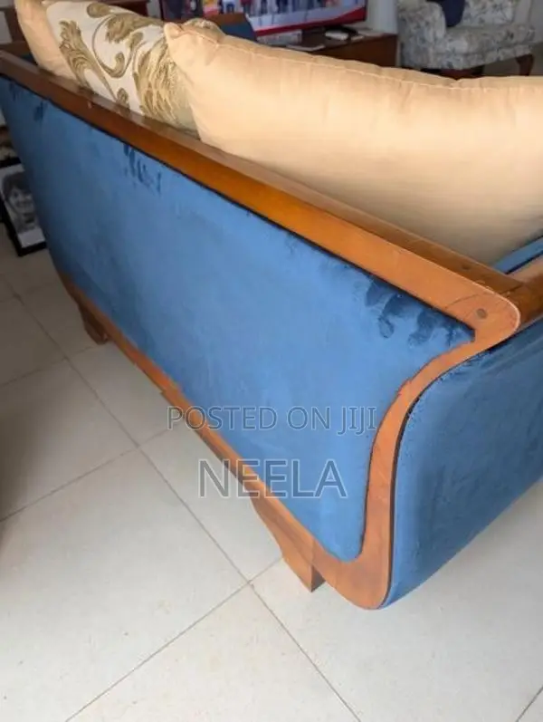 Navy Blue Velvet Wooden Sofa with Matching Chair