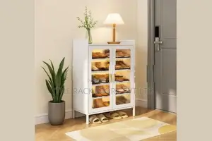 2-Door White Shoe Cabinet – 6-Tier Heavy Duty Metal Storage