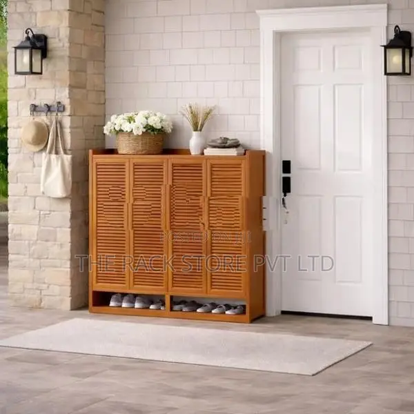 4 Door Shoe Rack/Cabinet | 9 Shelf Bamboo Wooden Storage Cupboard