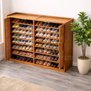 4 Door Shoe Rack/Cabinet | 9 Shelf Bamboo Wooden Storage Cupboard