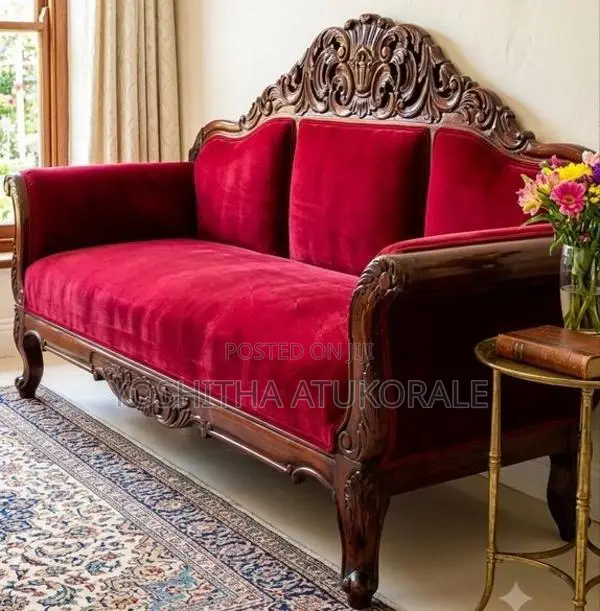 Antique Mahogany 3-Seater Velvet Sofa Set