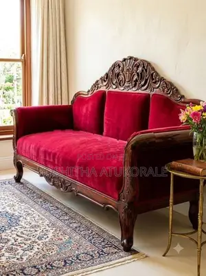 Antique Mahogany 3-Seater Velvet Sofa Set