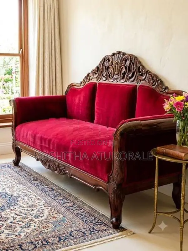 Antique Mahogany 3-Seater Velvet Sofa Set