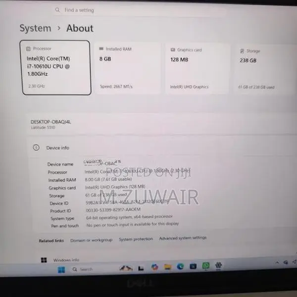 Dell Laptop Core i7 10 Gen 256Nvme 8GB DDR4 15.6 Full HD