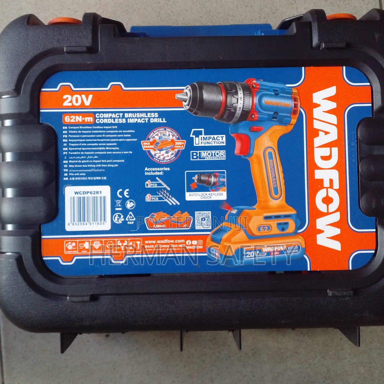 Wadfow 20V Compact Brushless Cordless Impact Drill Kit 62Nm WCDP6281