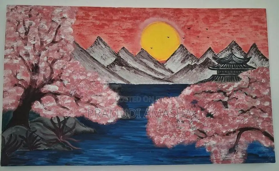 Cherry Blossom Landscape Hand Painting